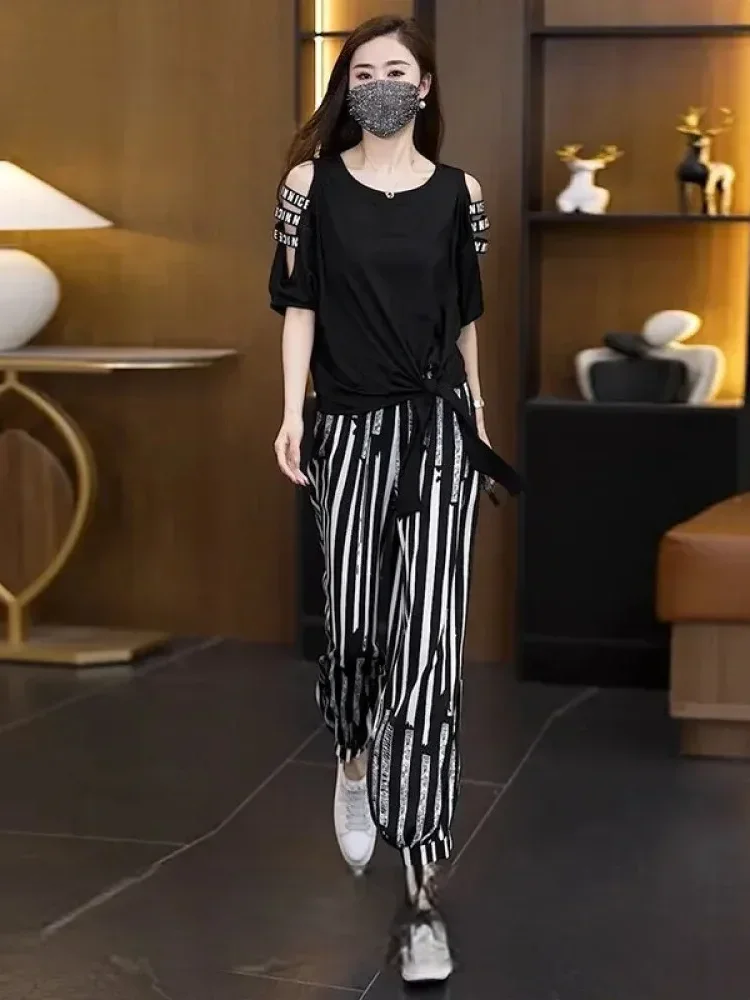 [READY STOCK]FADFAD Setelan dua potong atasan off shoulder untuk wanita lengan pendek dan celana panjang motif print gaya casual elegant