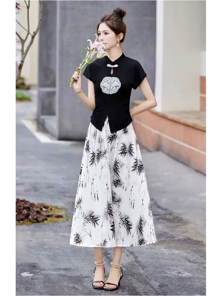 [DISKON KILAT]FADFAD Setelan dua potong gaya cheongsam atasan dengan kerah mandarin berlengan pendek dan rok motif cetak