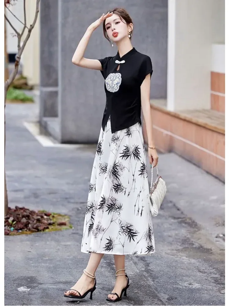 [DISKON KILAT]FADFAD Setelan dua potong gaya cheongsam atasan dengan kerah mandarin berlengan pendek dan rok motif cetak
