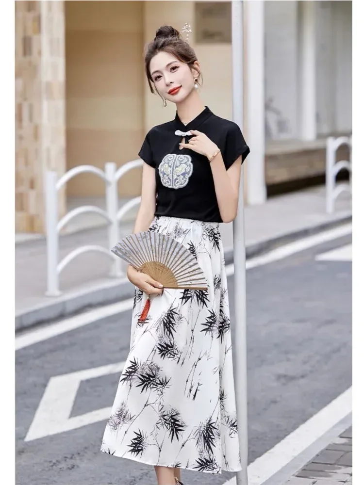 [DISKON KILAT]FADFAD Setelan dua potong gaya cheongsam atasan dengan kerah mandarin berlengan pendek dan rok motif cetak