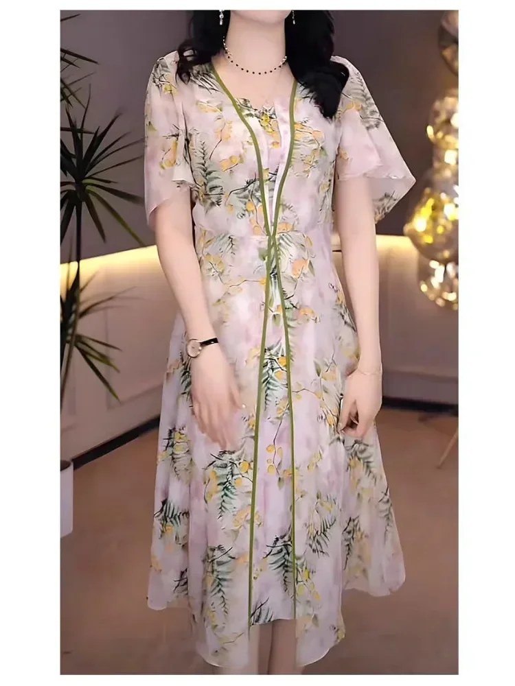 [DISKON KILAT]FADFAD Gaun motif cetak lengan pendek dengan rok model a-line wanita