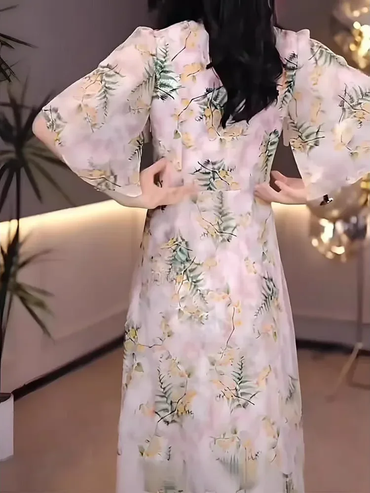 [DISKON KILAT]FADFAD Gaun motif cetak lengan pendek dengan rok model a-line wanita