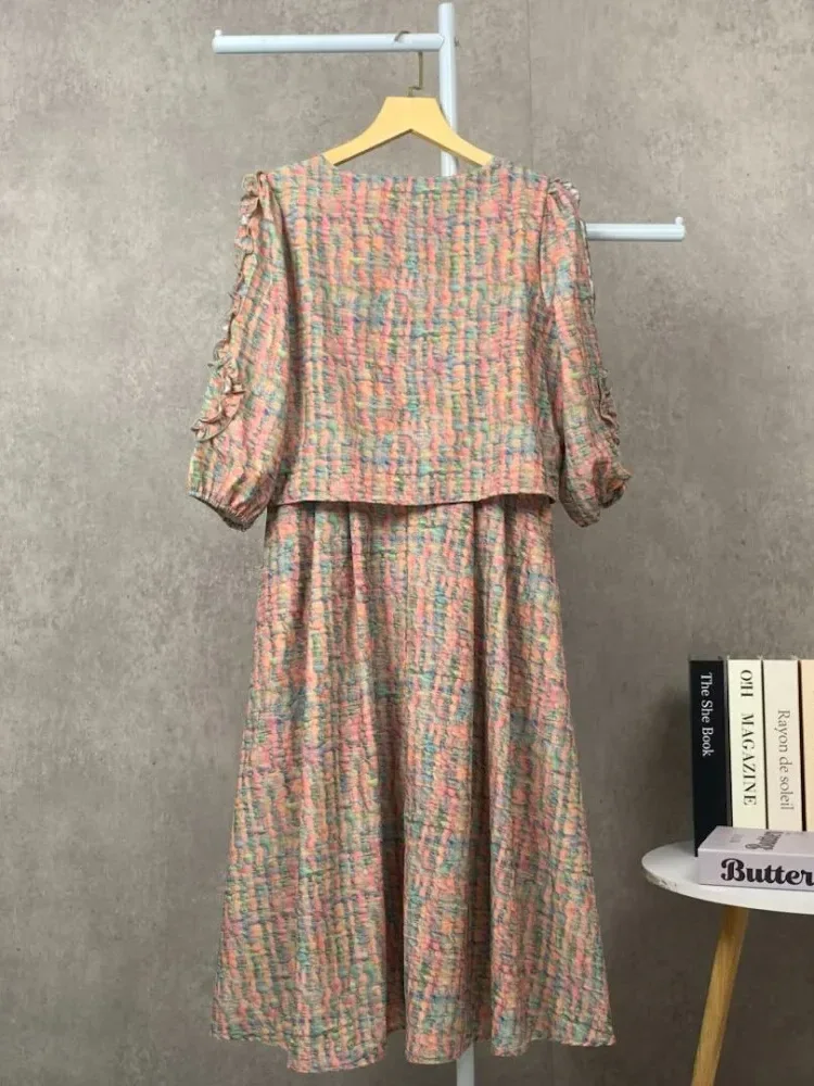 [NEW]FADFAD Gaun wanita dua potong palsu rok panjang sedang bermotif gaya kasual