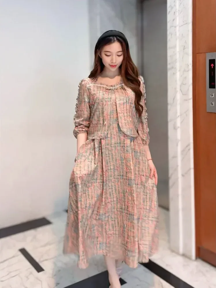 [NEW]FADFAD Gaun wanita dua potong palsu rok panjang sedang bermotif gaya kasual