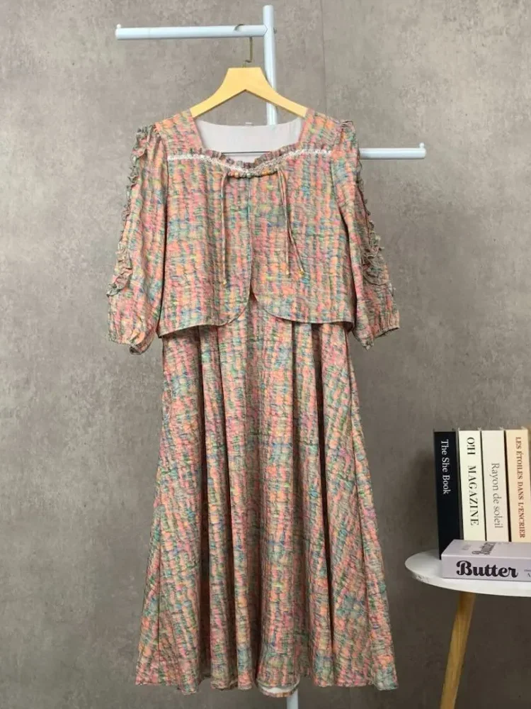 [NEW]FADFAD Gaun wanita dua potong palsu rok panjang sedang bermotif gaya kasual