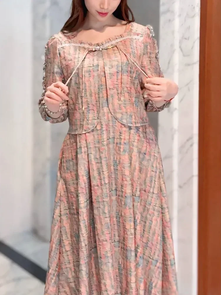 [NEW]FADFAD Gaun wanita dua potong palsu rok panjang sedang bermotif gaya kasual