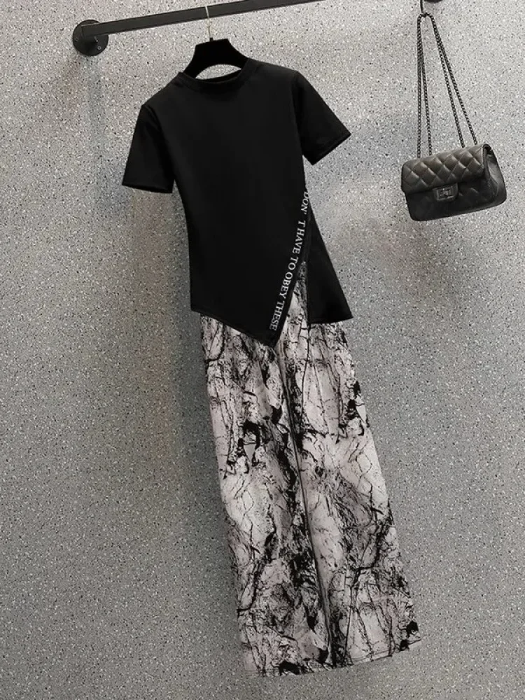 [DISKON KILAT]FADFAD Setelan dua potong wanita atasan blouse lengan pendek warna solid dan celana panjang longgar motif cetak