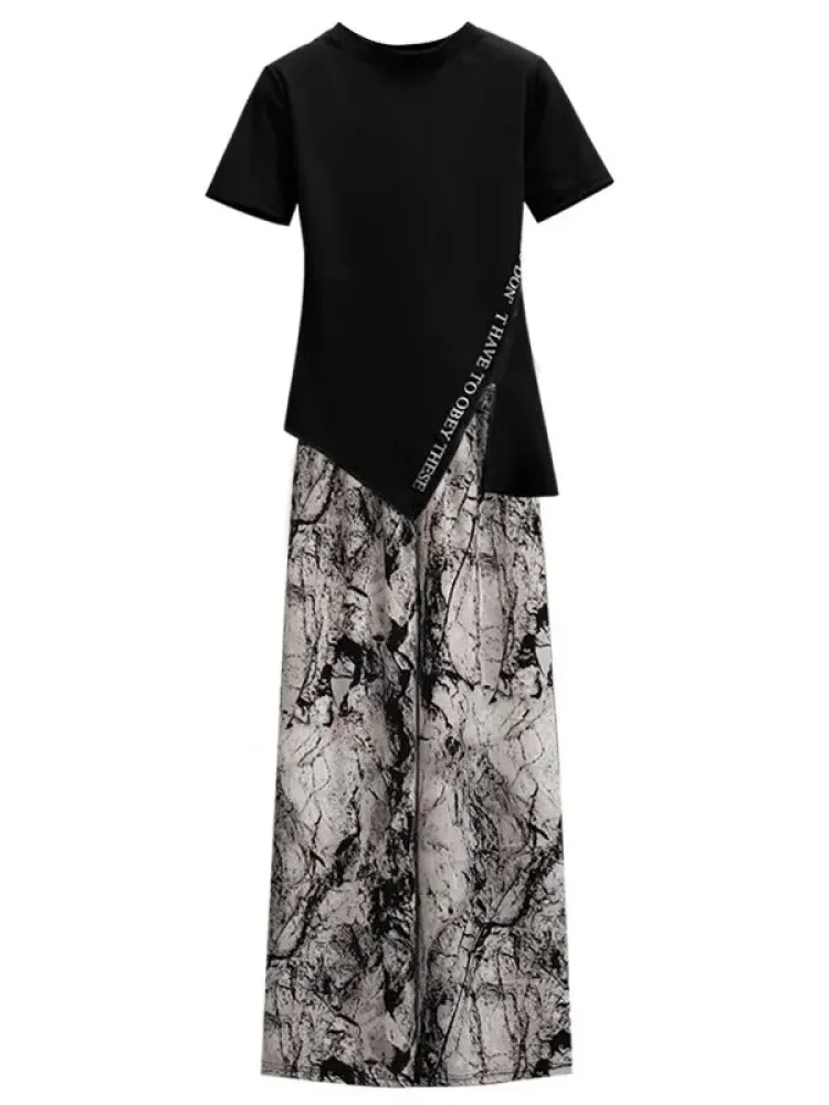 [DISKON KILAT]FADFAD Setelan dua potong wanita atasan blouse lengan pendek warna solid dan celana panjang longgar motif cetak