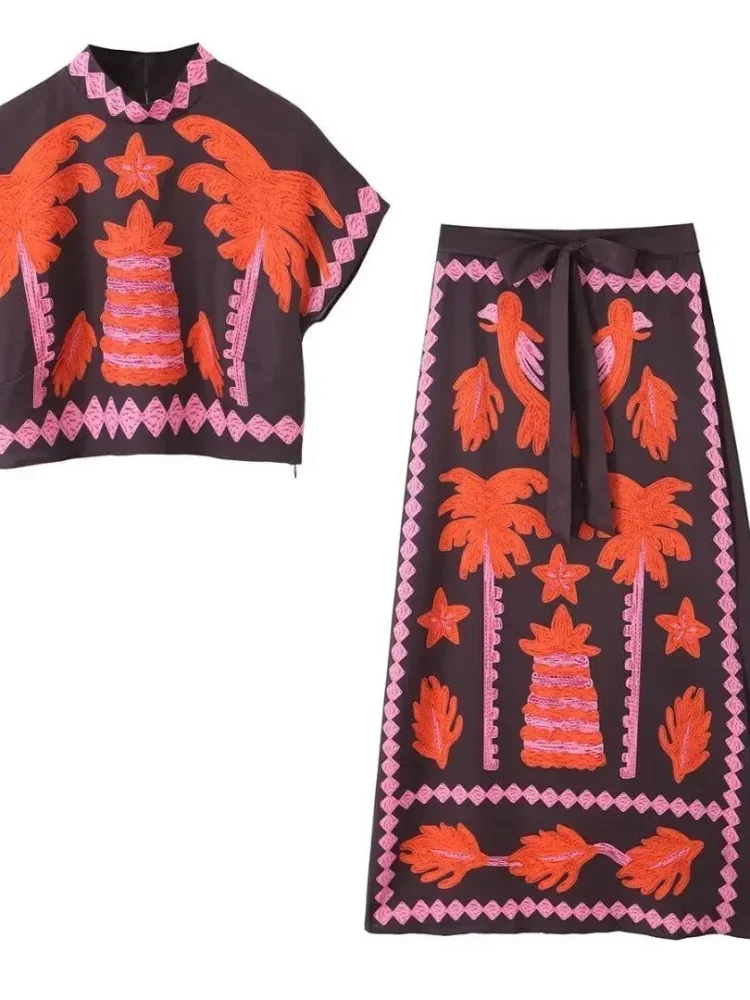 [DISKON KILAT]FADFAD Setelan wanita dua potong dengan motif cetak atasan lengan pendek dan rok panjang cantik