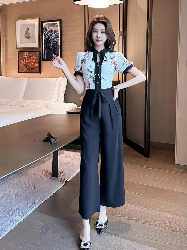 [DISKON KILAT]FADFAD Setelan dua potong motif cetak atasan lengan pendek dan celana pinggang