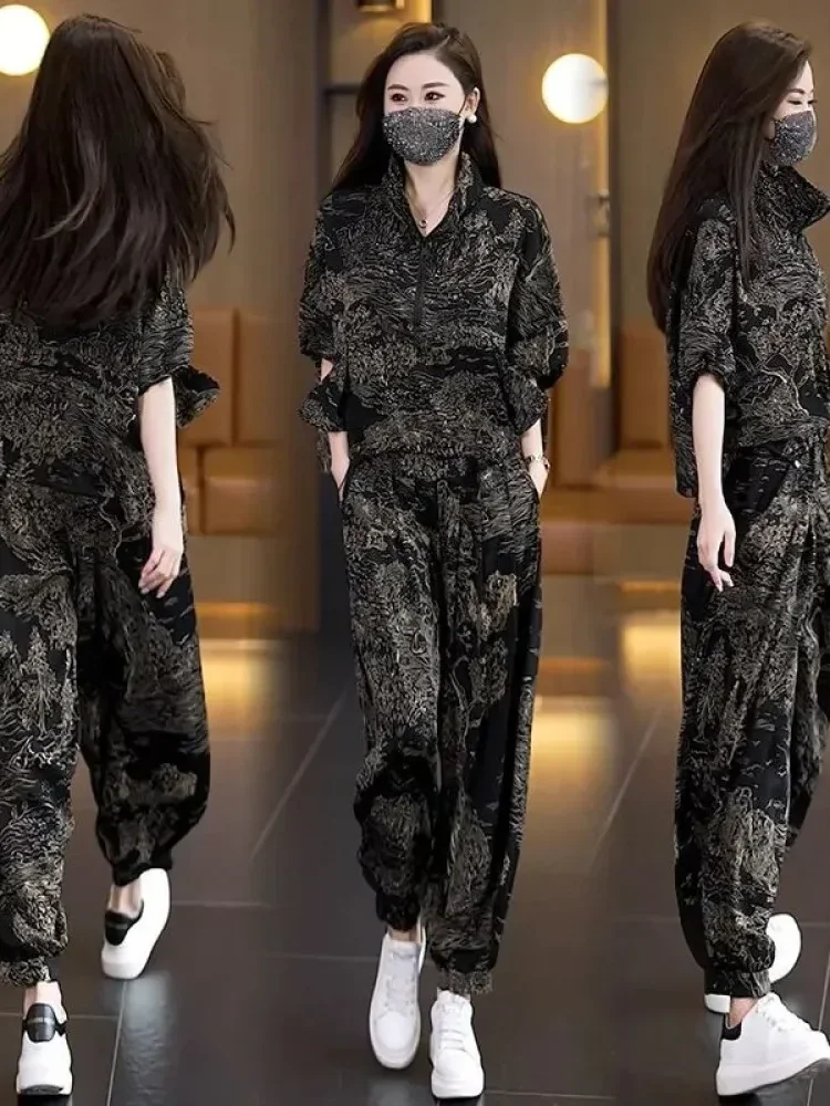 [NEW]FADFAD Setelan lengan pendek dengan bawahan celana panjang motif cetak gaya kasual modis