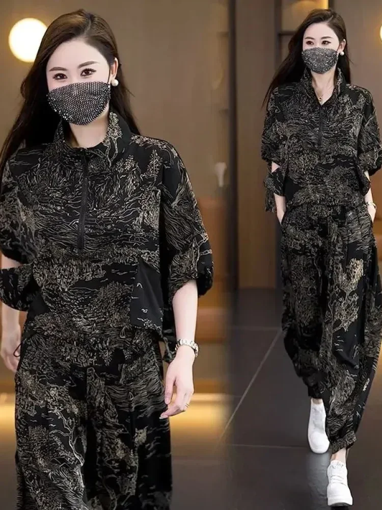 [NEW]FADFAD Setelan lengan pendek dengan bawahan celana panjang motif cetak gaya kasual modis