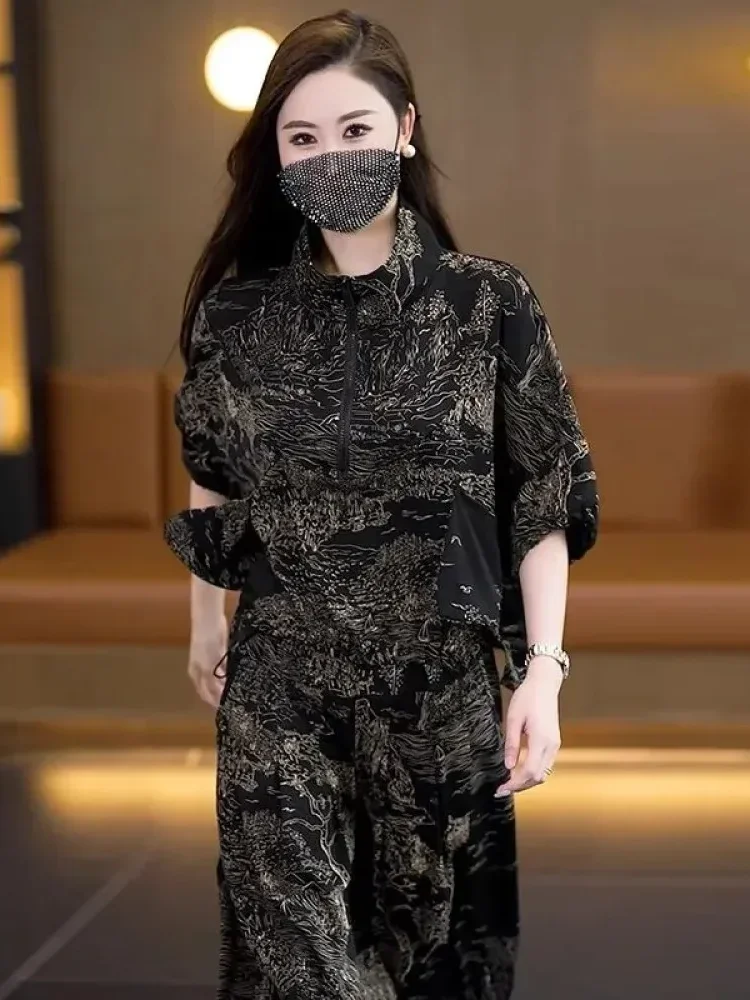 [NEW]FADFAD Setelan lengan pendek dengan bawahan celana panjang motif cetak gaya kasual modis