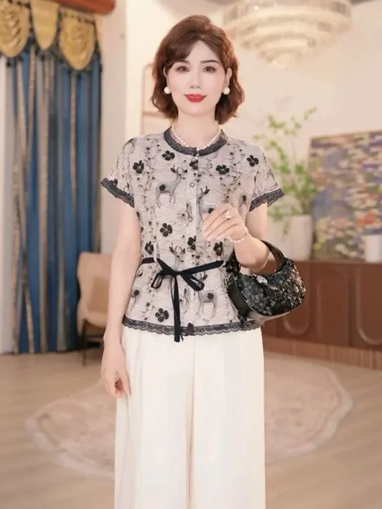 FADFAD Setelan dua potong wanita tempramen motif bunga cantik dengan tali pinggang manis dan celana panjang