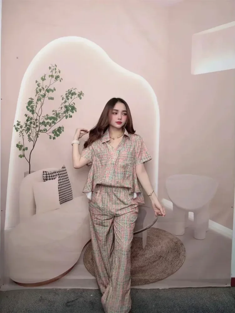 [DISKON KILAT]FADFAD Setelan kotak-kotak untuk wanita gaya baru bergaya dengan atasan lengan pendek dan celana lurus dua potong