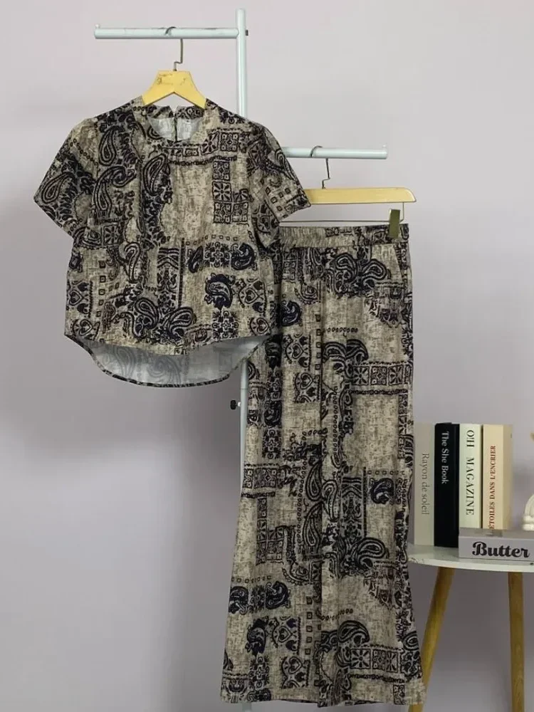 FADFAD Setelan atasan blouse lengan pendek dan celana motif kotak kotak untuk wanita