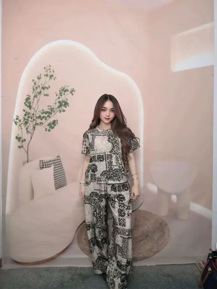 FADFAD Setelan atasan blouse lengan pendek dan celana motif kotak kotak untuk wanita