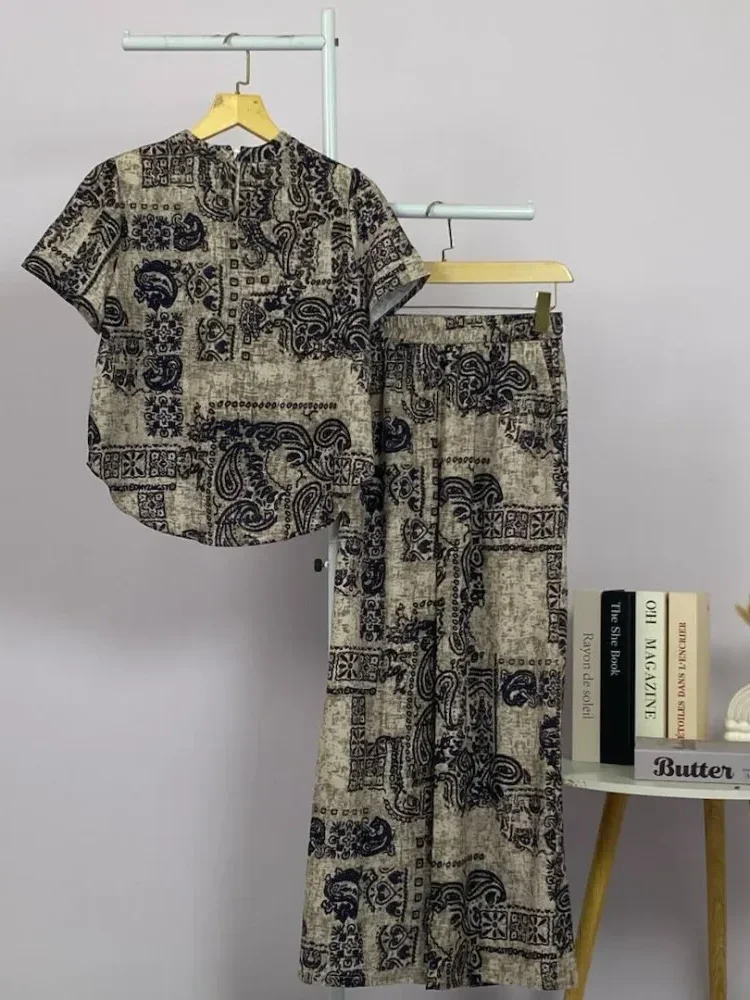 FADFAD Setelan atasan blouse lengan pendek dan celana motif kotak kotak untuk wanita