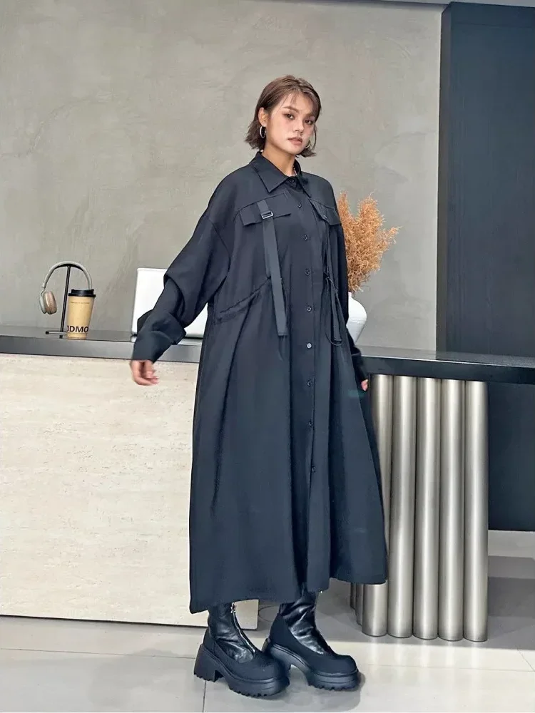 [DISKON KILAT]FADFAD Gaun kemeja runcing lengan panjang model serut dan longgar trendi