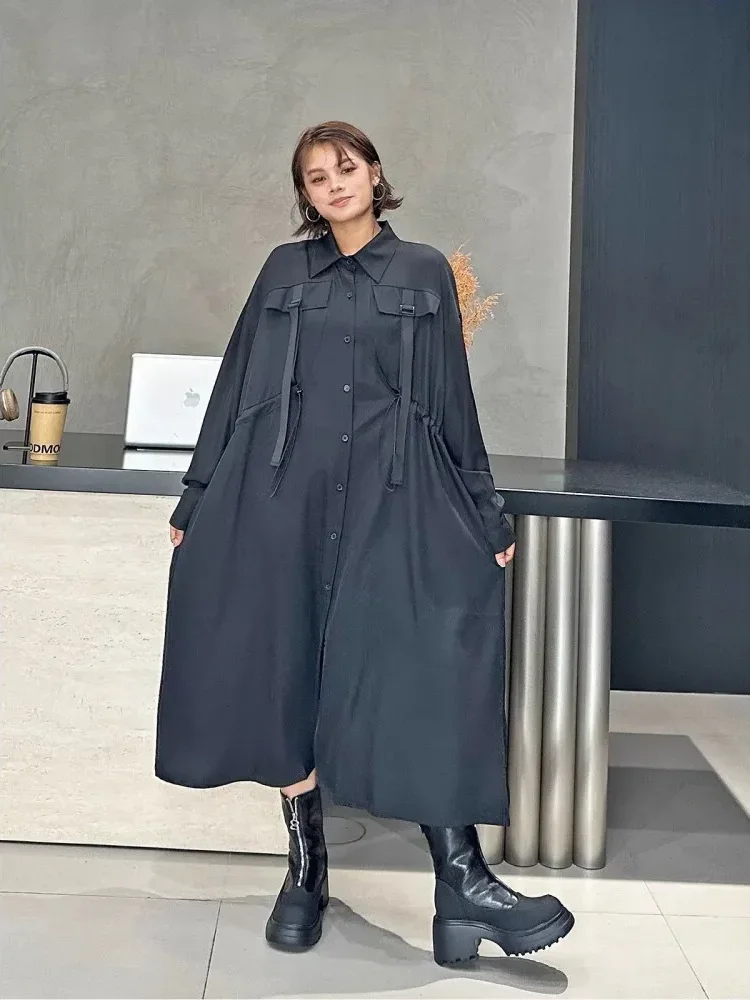 [DISKON KILAT]FADFAD Gaun kemeja runcing lengan panjang model serut dan longgar trendi