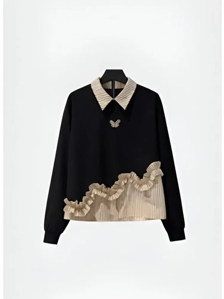 FADFAD Atasan kemeja berkerah manis lengan panjang untuk wanita