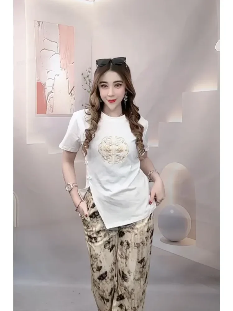 [DISKON KILAT]FADFAD Setelan wanita gaya cina atasan blouse lengan pendek dengan variasi mewah dan celana panjang kasual