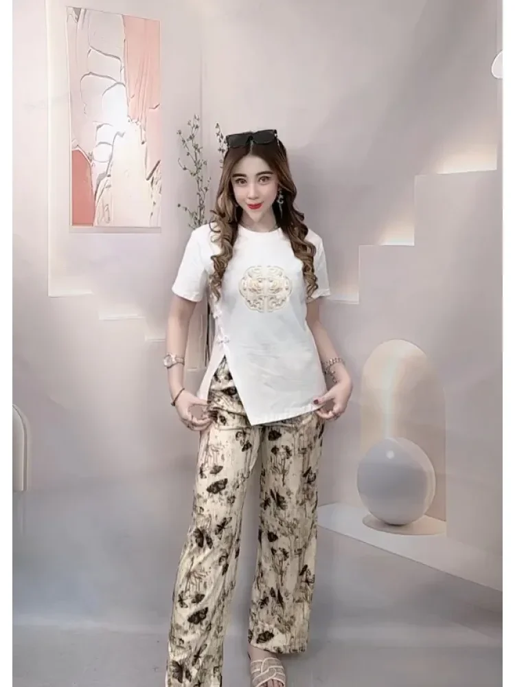 [DISKON KILAT]FADFAD Setelan wanita gaya cina atasan blouse lengan pendek dengan variasi mewah dan celana panjang kasual