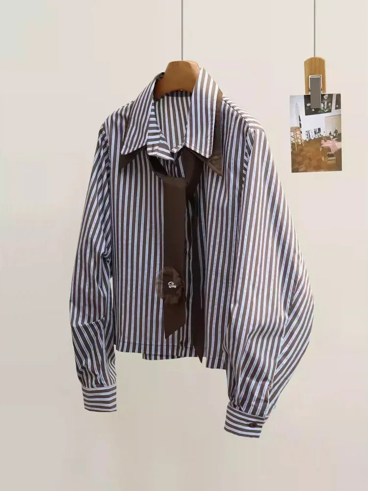[DISKON KILAT]FADFAD Atasan kemeja lengan panjang motif garis - garis dengan gaya kasual untuk wanita
