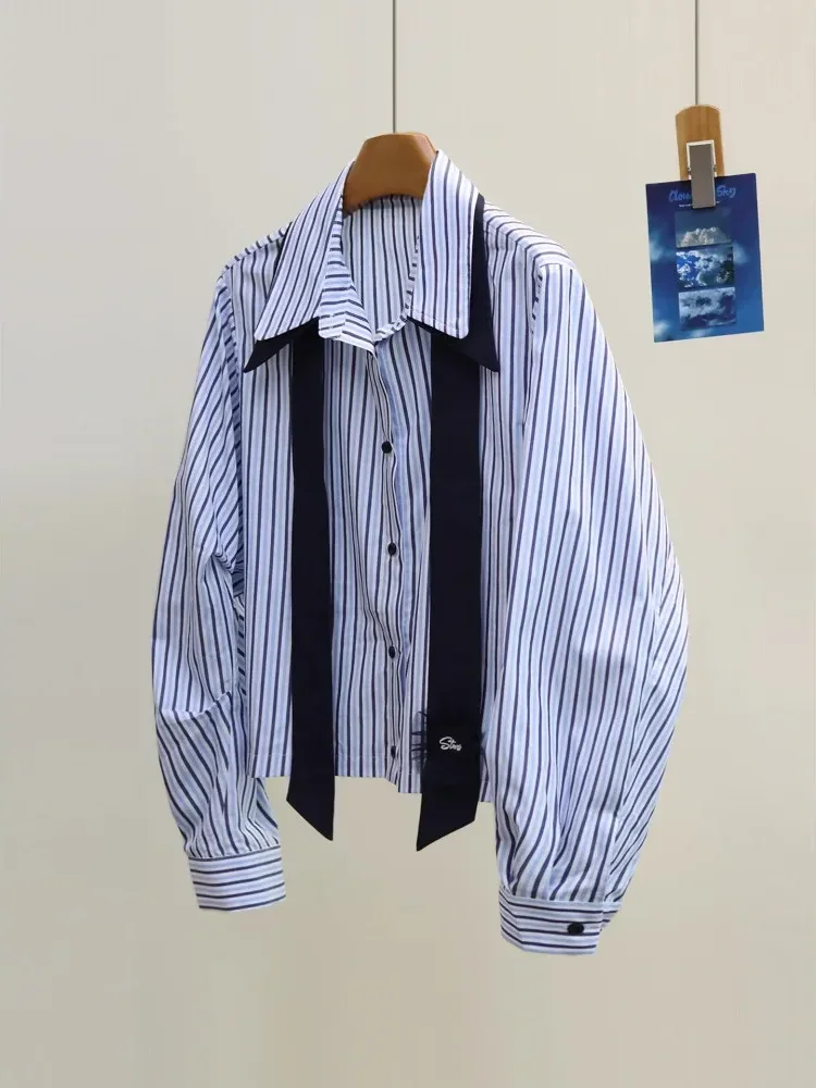 [DISKON KILAT]FADFAD Atasan kemeja lengan panjang motif garis - garis dengan gaya kasual untuk wanita