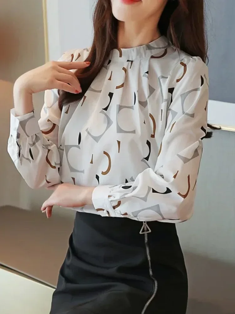 FADFAD Blouse wanita lengan panjang dengan kerah bulat motif cetak gaya minimalis untuk wanita