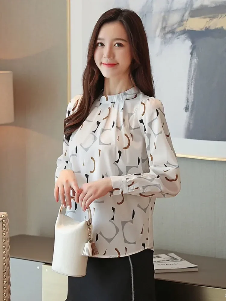 FADFAD Blouse wanita lengan panjang dengan kerah bulat motif cetak gaya minimalis untuk wanita