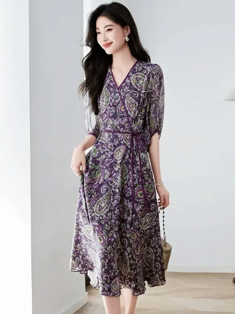 [DISKON KILAT]FADFAD Gaun midi dengan lengan tiga perempat dah kerah v nevk motif cetak
