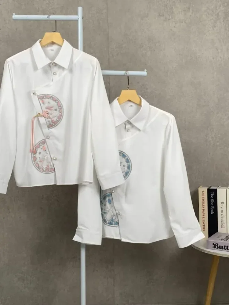 FADFAD Women's long-sleeved side-buttoned, embroidered, fitted shirt