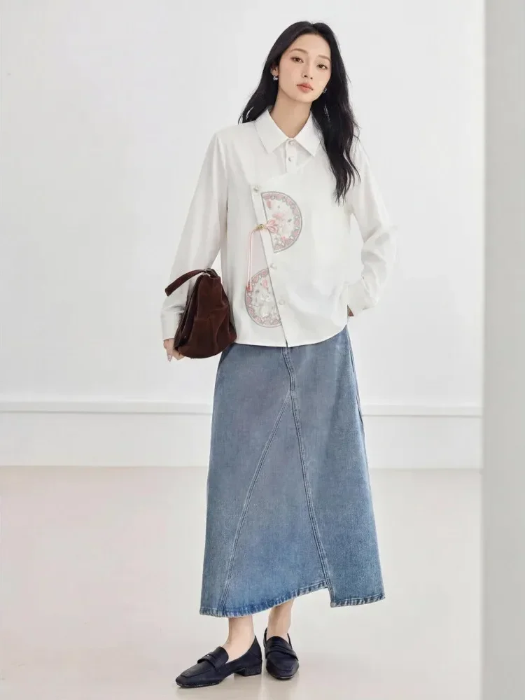 FADFAD Women's long-sleeved side-buttoned, embroidered, fitted shirt