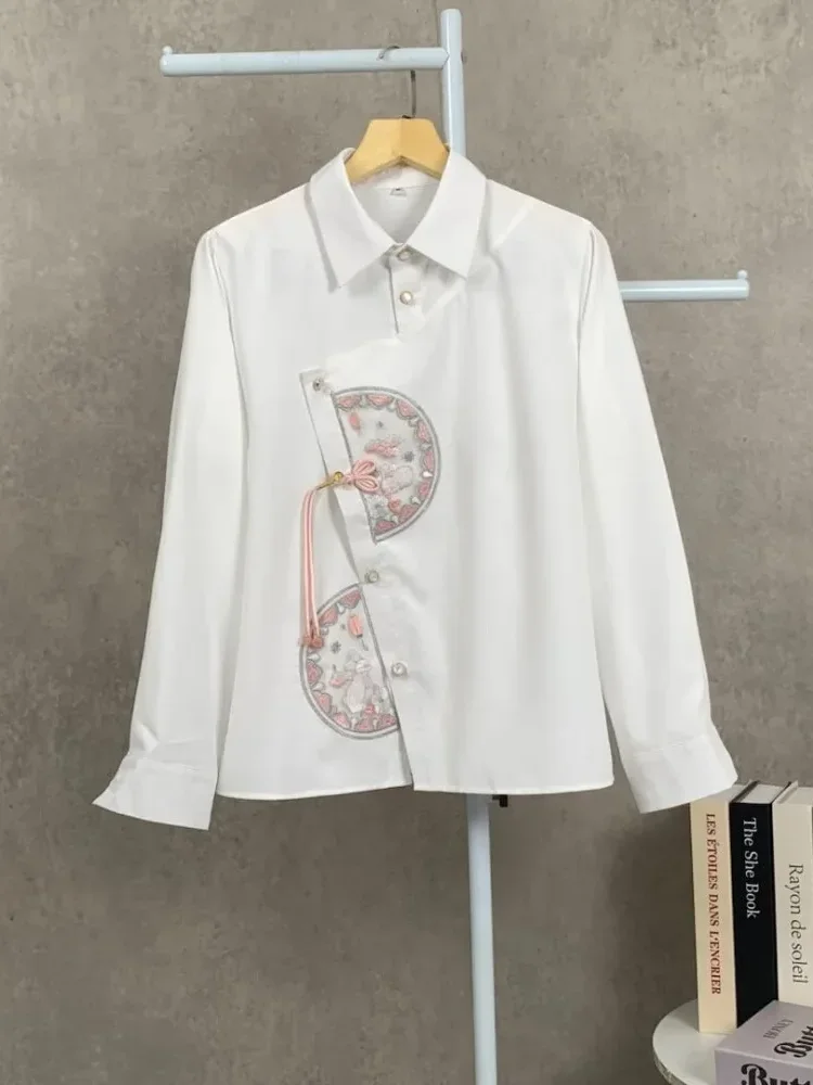 FADFAD Women's long-sleeved side-buttoned, embroidered, fitted shirt