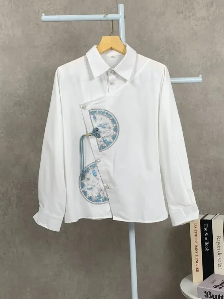 FADFAD Women's long-sleeved side-buttoned, embroidered, fitted shirt