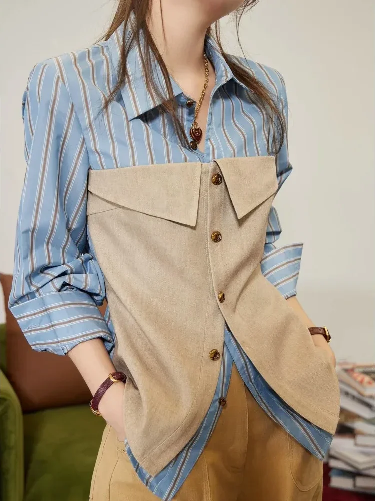 FADFAD Blus lengan panjang baru dengan desain retro dan pita pinggang yang dipadukan dengan gaya warna kontras dan garis-garis