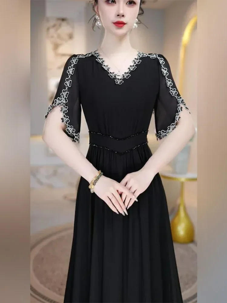 [DISKON KILAT]FADFAD Gaun rok panjang sedang dengan kerah v-neck untuk wanita