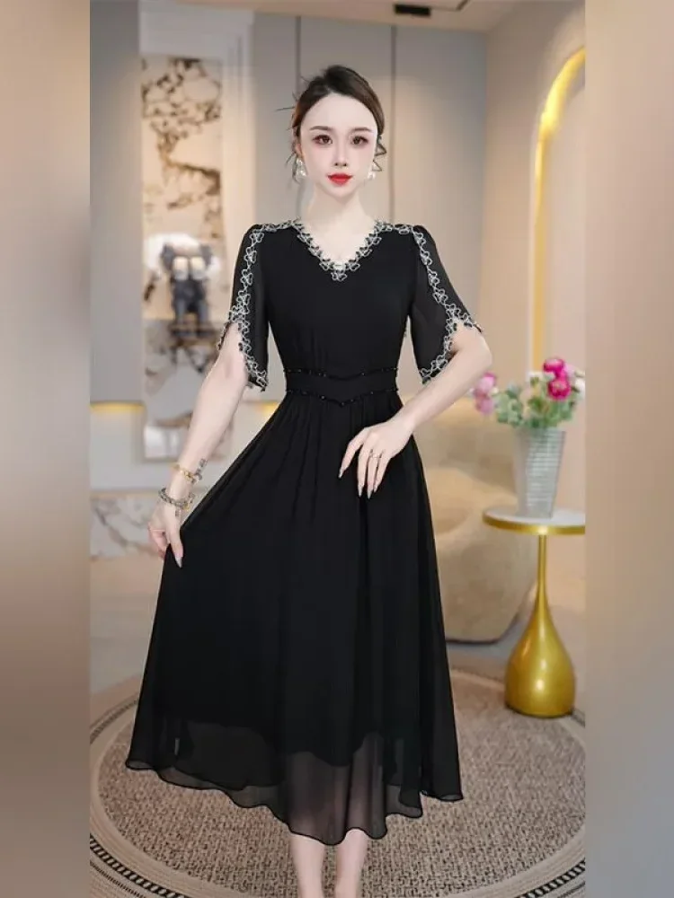 [DISKON KILAT]FADFAD Gaun rok panjang sedang dengan kerah v-neck untuk wanita