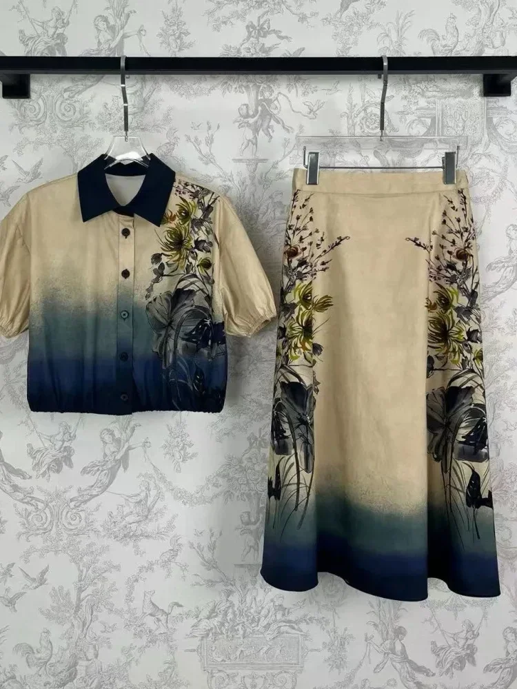 [DISKON KILAT]FADFAD Setelan wanita dua potong kelas atas motif bunga dengan warna gradasi + rok kekinian