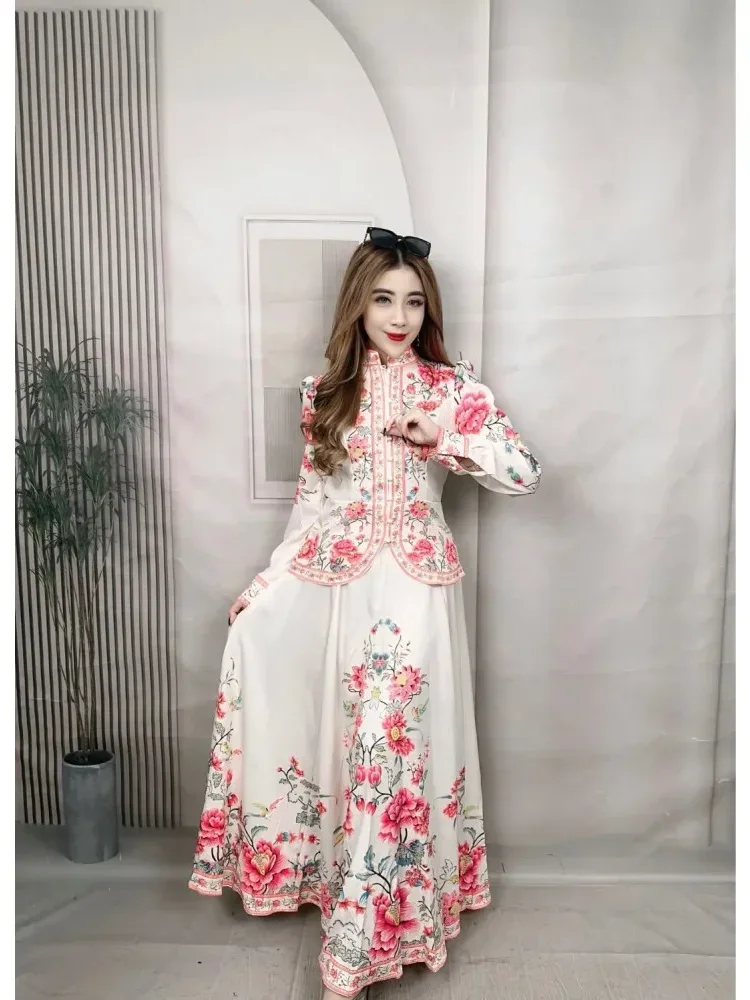 FADFAD Setelan dengan atasan lengan panjang dan rok bermotif bunga-bunga gaya baru untuk wanita