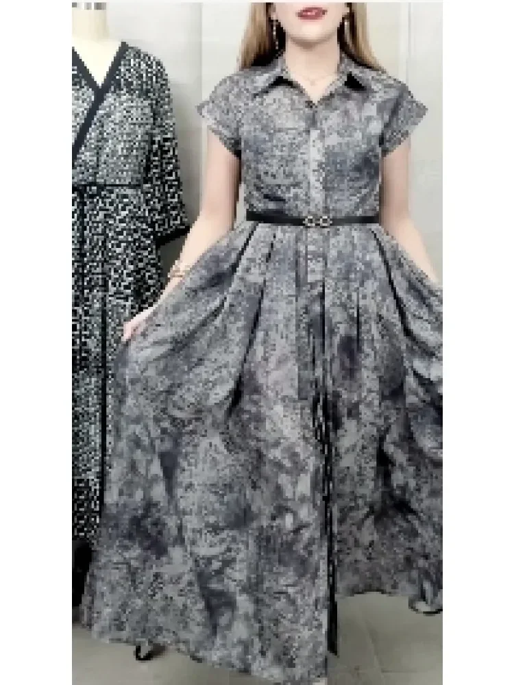 FADFAD Gaun gaya elegan lengan pendek berkerah rok panjang lebar motif cetak dengan sabuk untuk wanita
