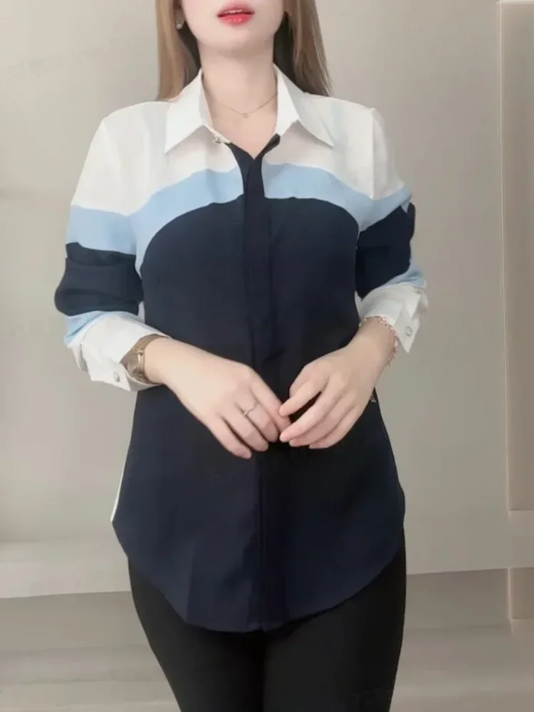 FADFAD Kemeja wanita desain ceruk lengan panjang retro kontras warna