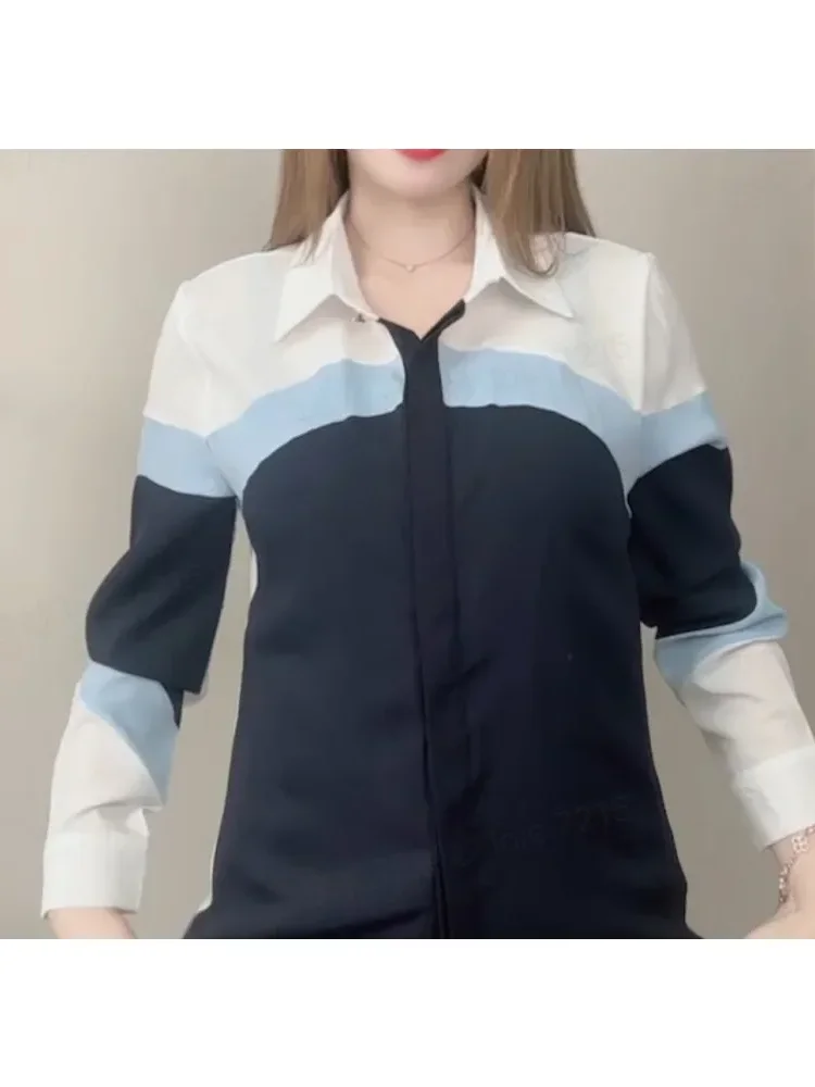 FADFAD Kemeja wanita desain ceruk lengan panjang retro kontras warna