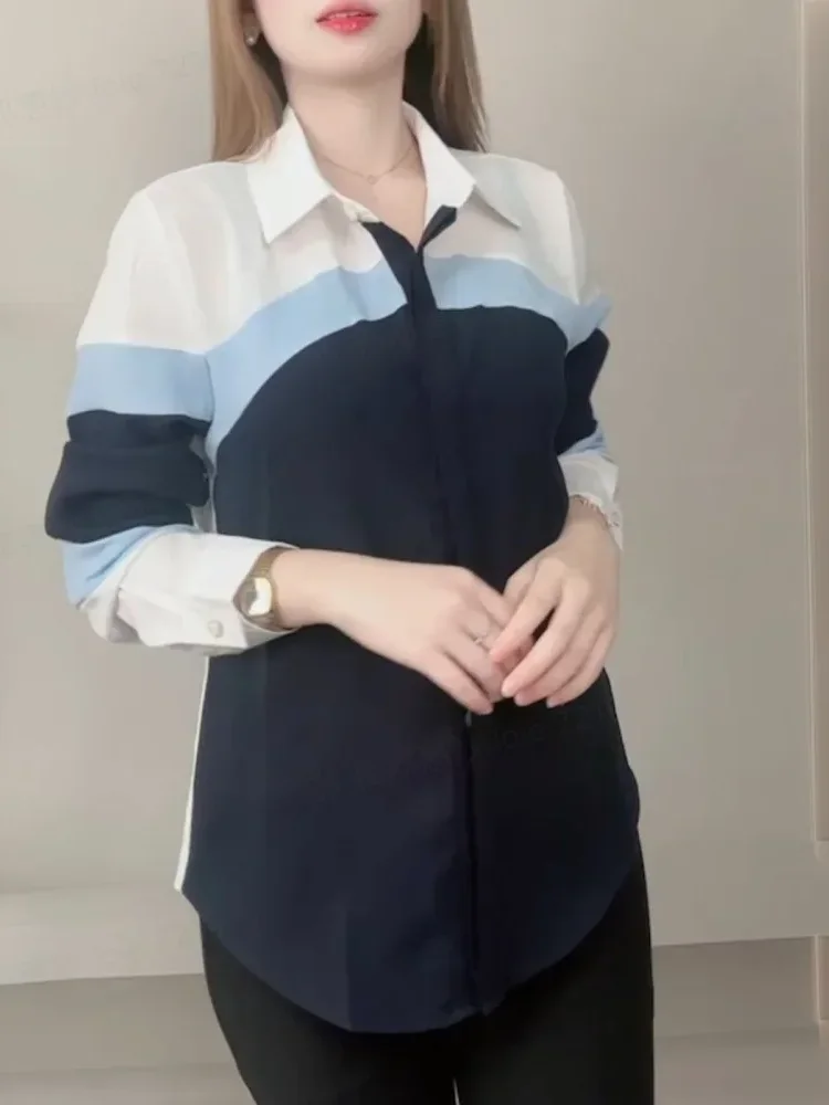 FADFAD Kemeja wanita desain ceruk lengan panjang retro kontras warna