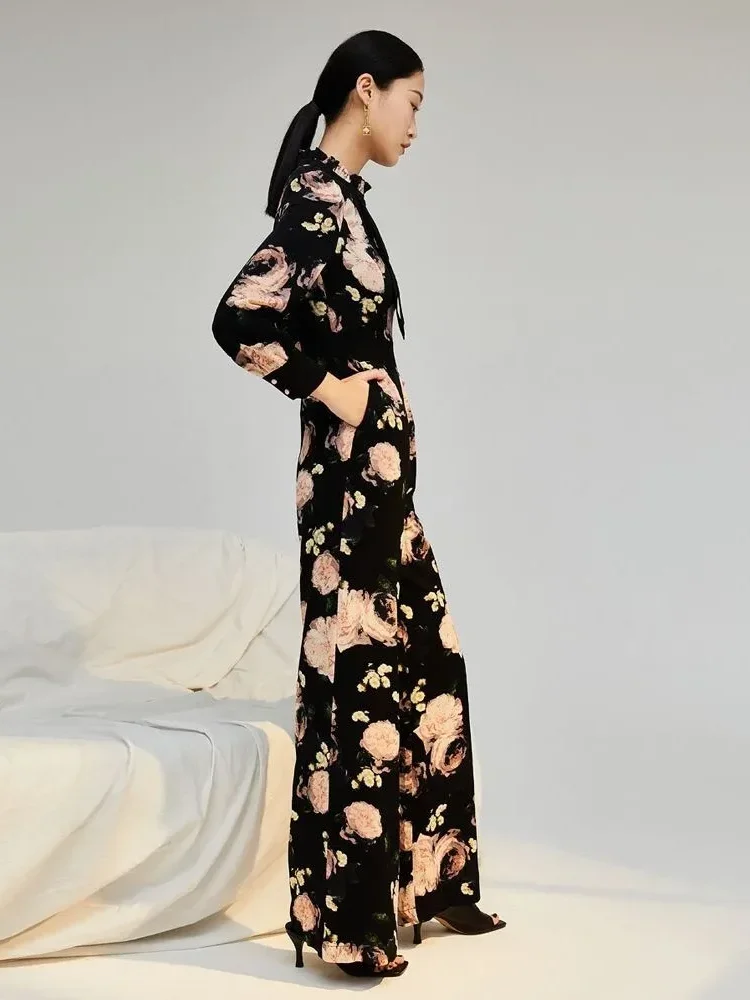 FADFAD Jumpsuit  elegan ramping dengan lengan panjang bermotif bunga gaya baru untuk wanita