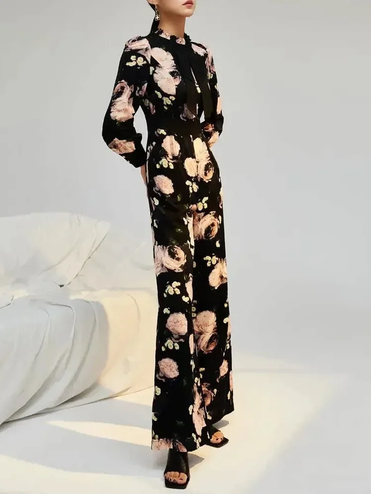 FADFAD Jumpsuit  elegan ramping dengan lengan panjang bermotif bunga gaya baru untuk wanita
