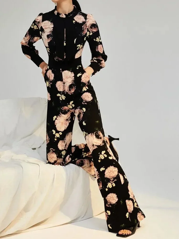FADFAD Jumpsuit  elegan ramping dengan lengan panjang bermotif bunga gaya baru untuk wanita