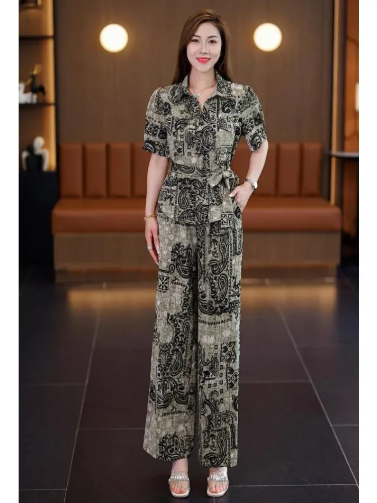FADFAD Setelan dua potong motif cetak retro dengan kemeja lengan pendek dan celana panjang modis