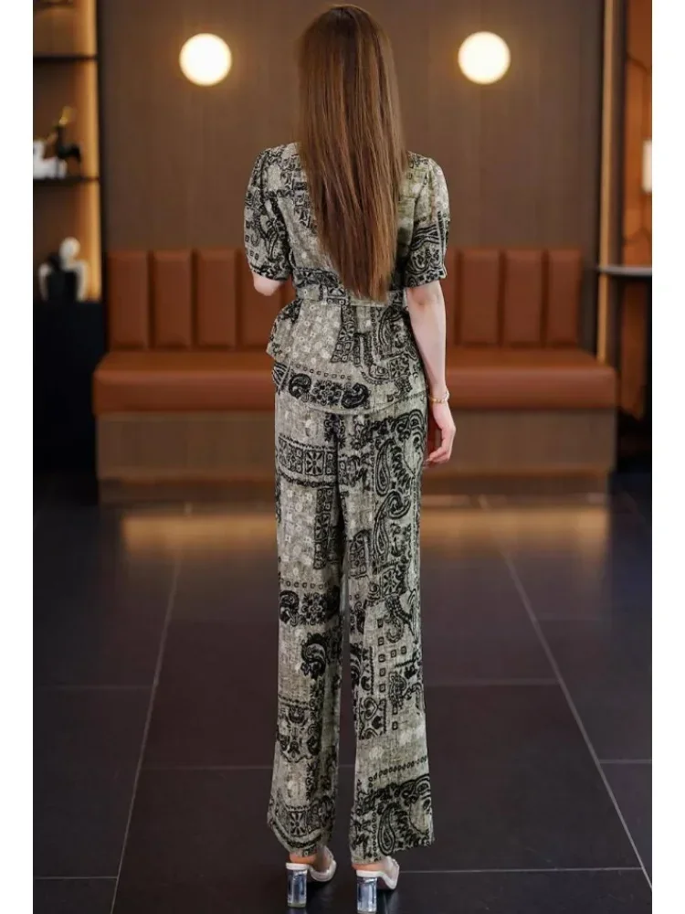 FADFAD Setelan dua potong motif cetak retro dengan kemeja lengan pendek dan celana panjang modis